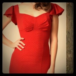 Red vintage style dress with blue polka dots